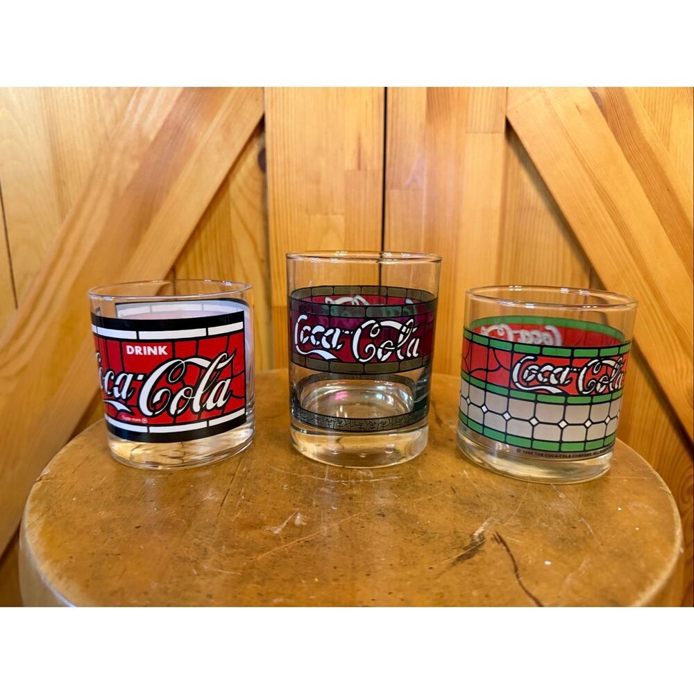 Tiffany Style Stained Glass Coca Cola Glasses Set of 3 3.5 and 4 Inch Drinkware